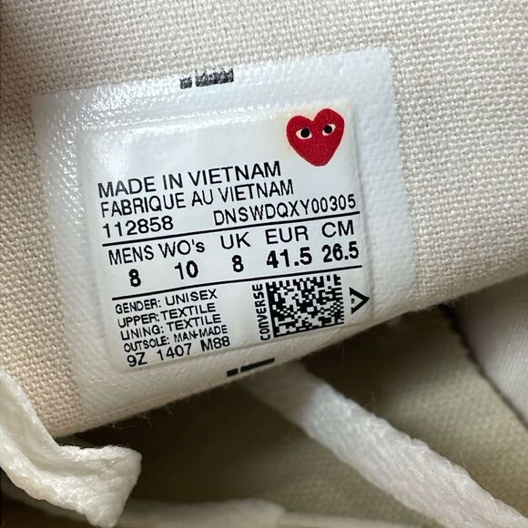 Converse Comme des Garçons Play Women’s Sz 10 Single Heart Chuck Cream Sneakers - Picture 6 of 10